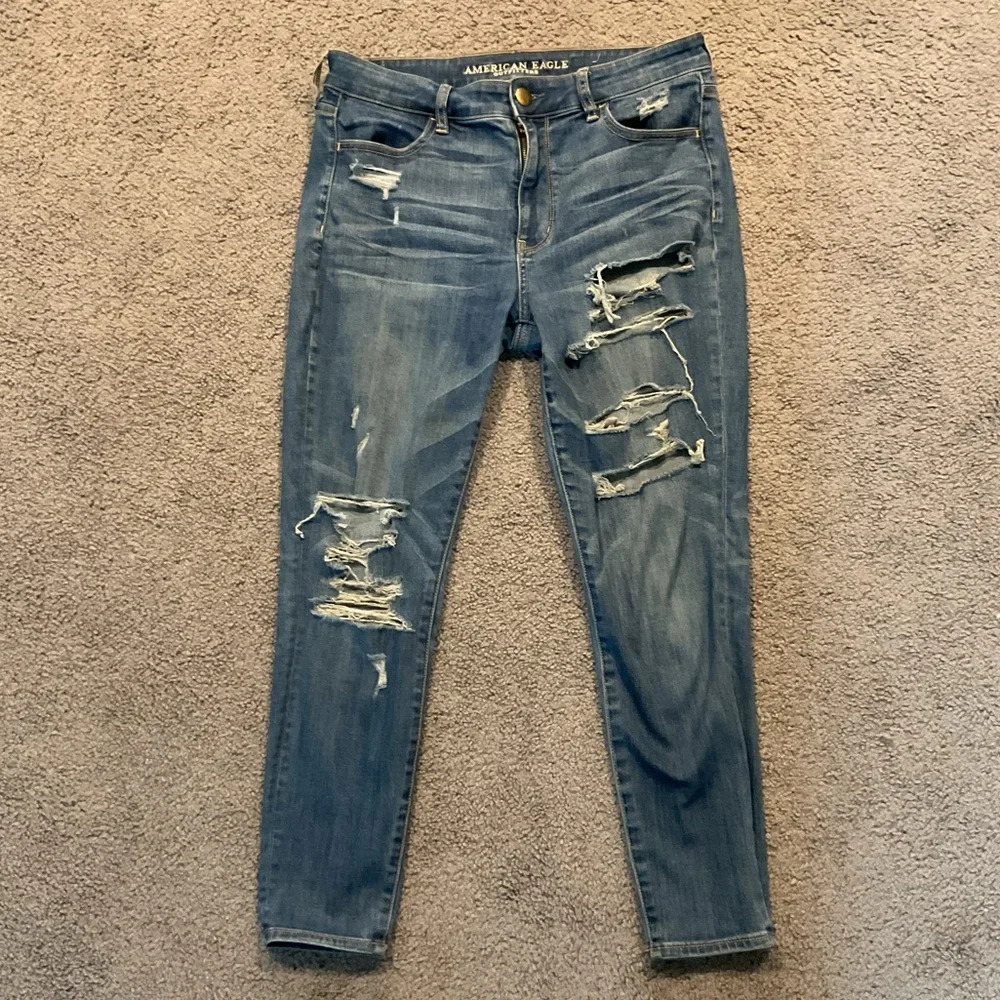 American Eagle Vintage High Rise JEGGING Distressed Denim Jeans Pants Y2K, 12